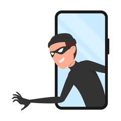Internet fraud, data hacking, cybercrime. Fraudster on the phone screen. Vector, flat style.