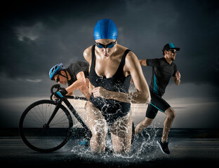 Triathlon sport collage. Man, woman running, swimming, cycling