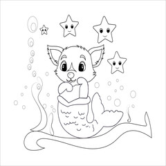 Cartoon animals set. Underwater starfish, octopus (cuttlefish, squid or devilfish), jellyfish (medusa), seahorse making air kiss. Coloring book pages for kids.