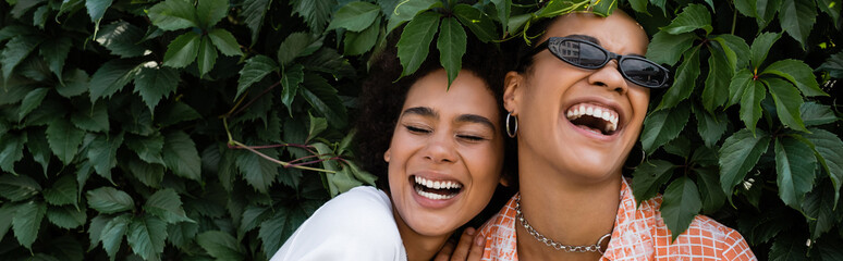 happy african american lesbian women laughing near green bush in park, banner.