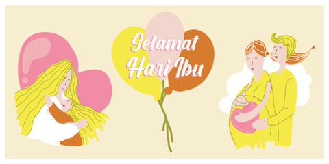 Mothers day greeting card. Mother and her daughter and couple exciting wait for baby born. illustration. Indonesian Translate : Happy mother Day's