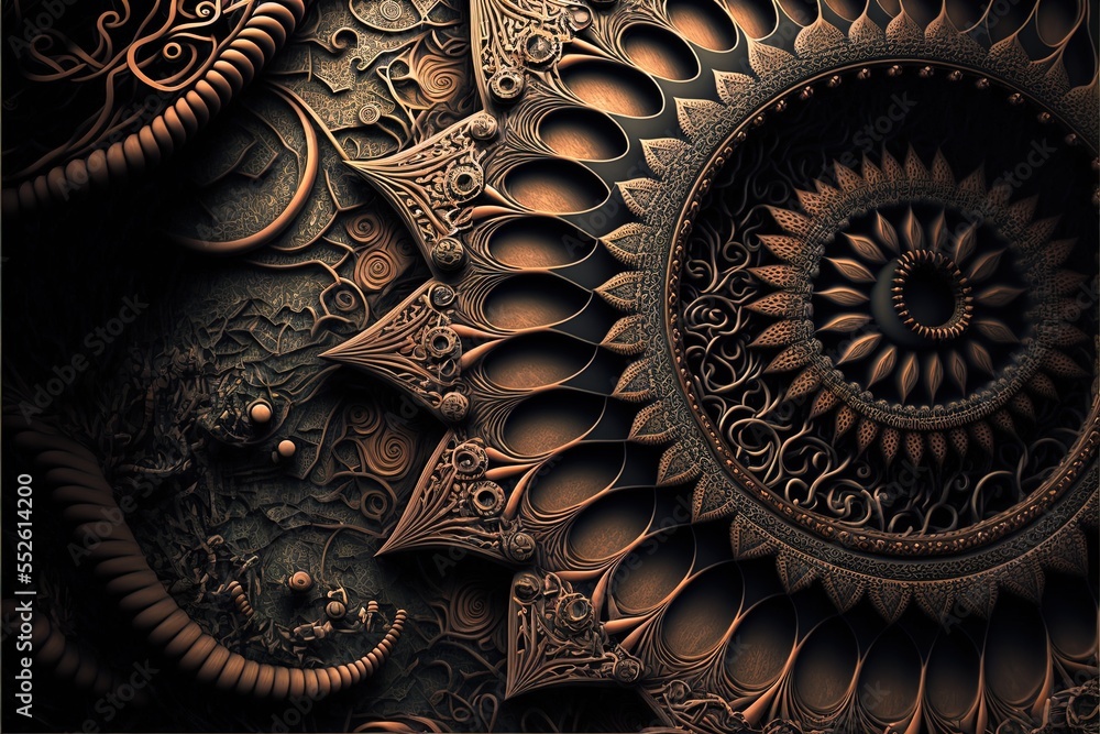 Poster a computer generated image of a spiral design in gold and black colors with a black background and a