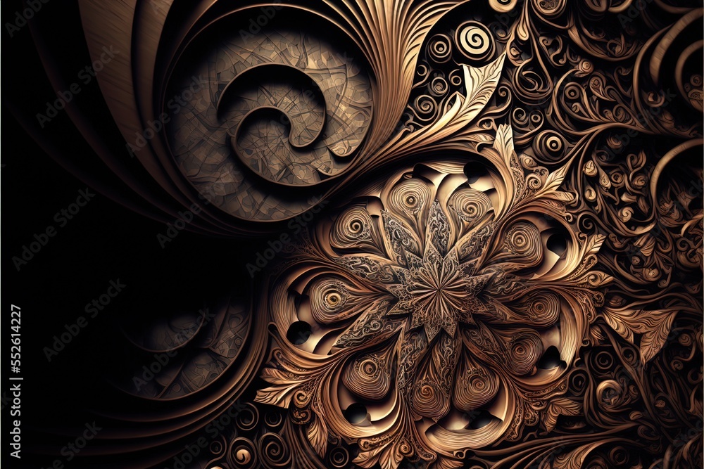 Poster a computer generated image of a flower in gold and black colors with a spiral design on the center o