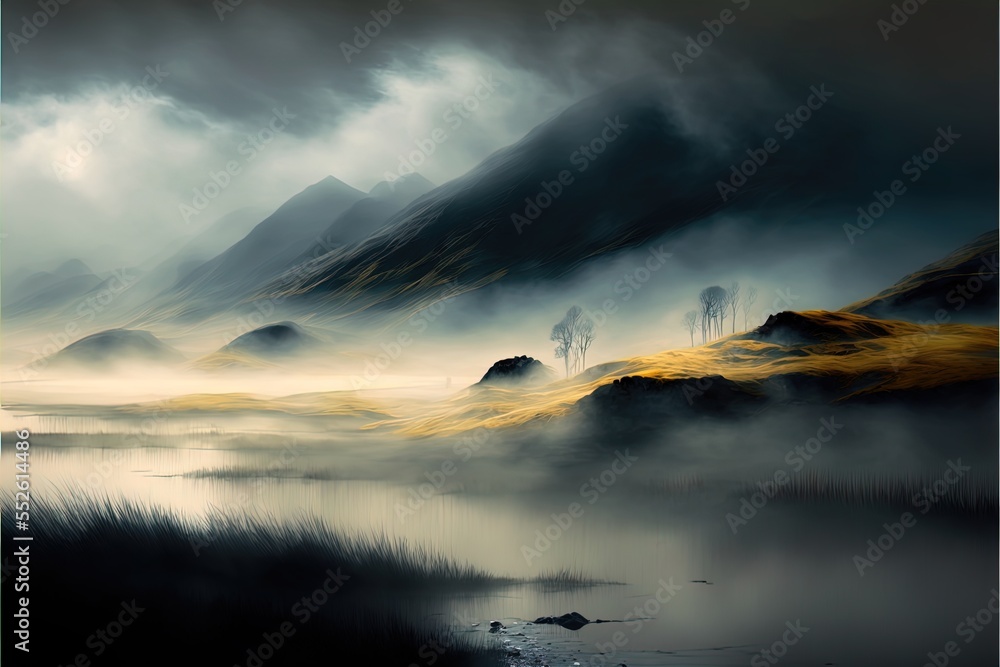 Poster a painting of a mountain range with a lake in the foreground and a foggy sky in the background. gene