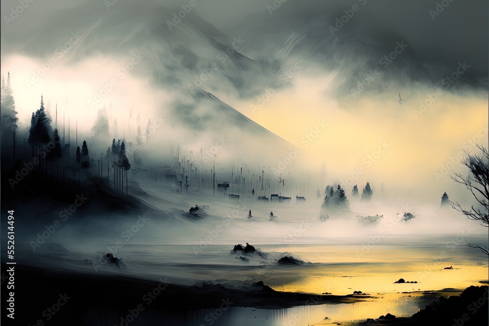 Poster a painting of a mountain with fog and trees in the foreground and a lake in the foreground. generati