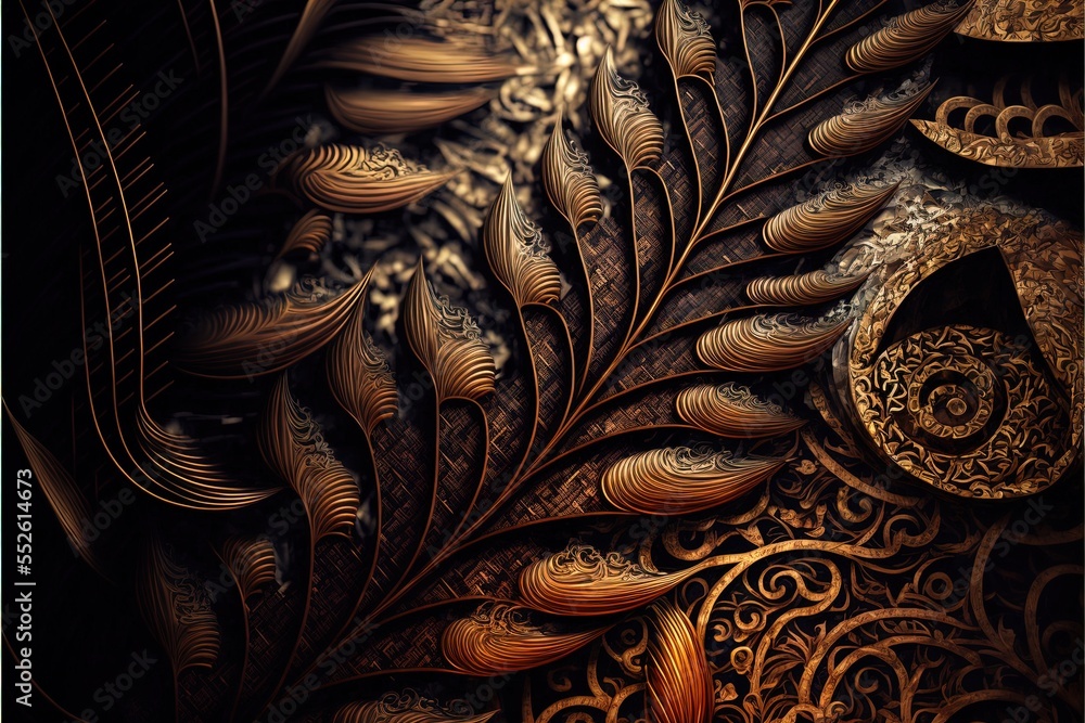 Poster a close up of a gold colored feather design on a black background with a spiral design on the side. 
