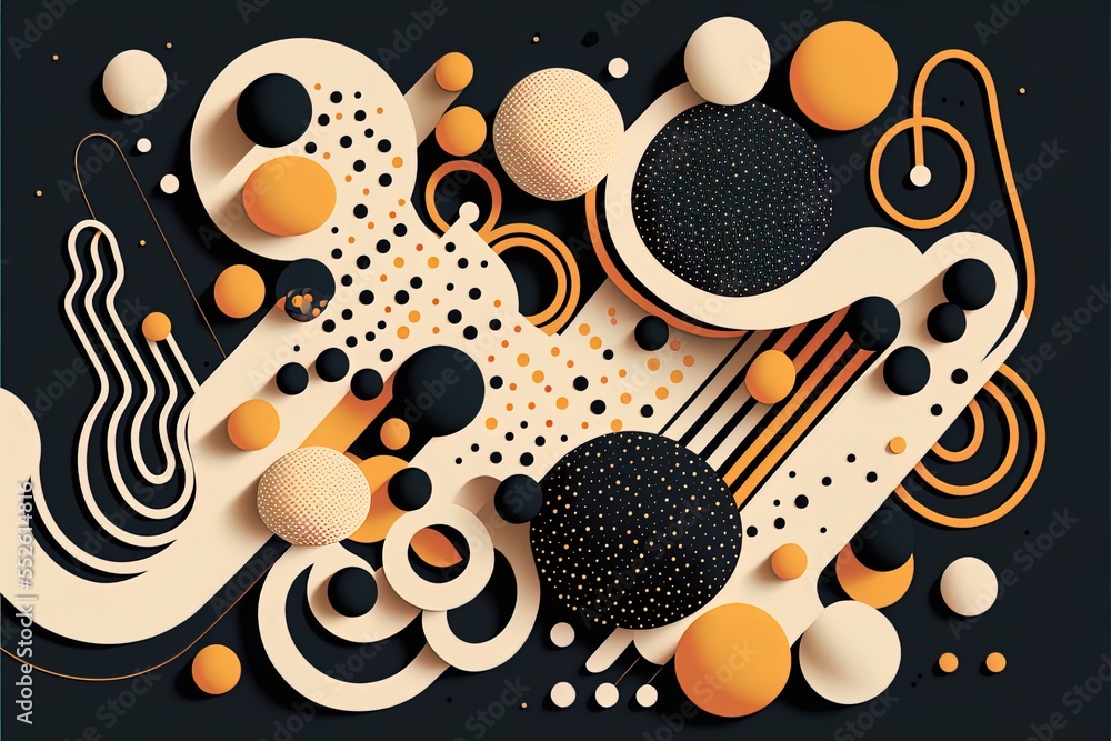 Poster a black and white abstract background with orange and black circles and circles on it. generative ai