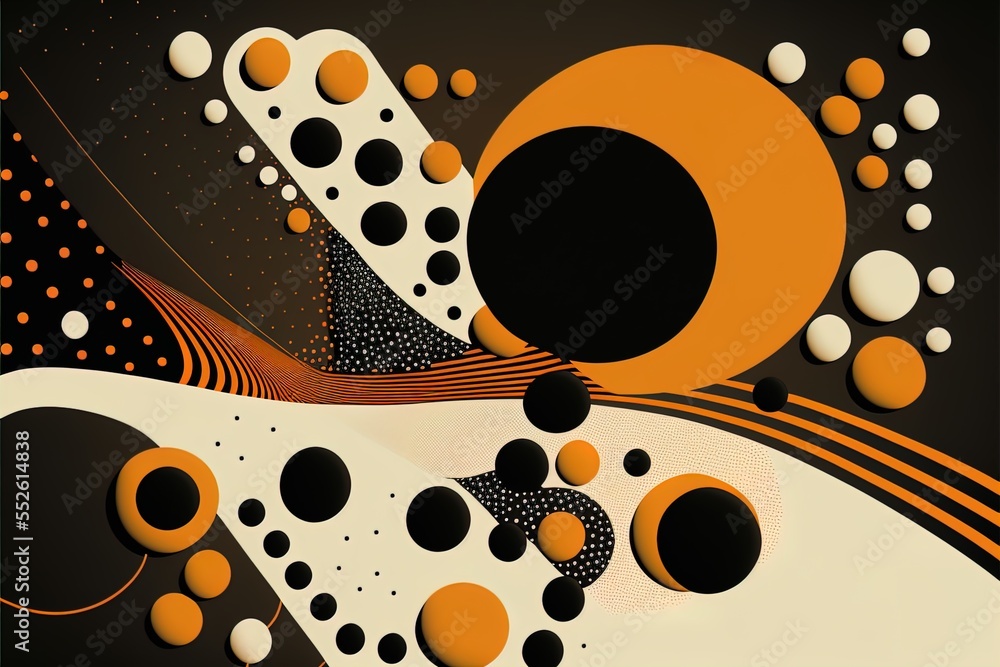 Poster a painting of a black and orange abstract design with circles and dots on a black background with a 