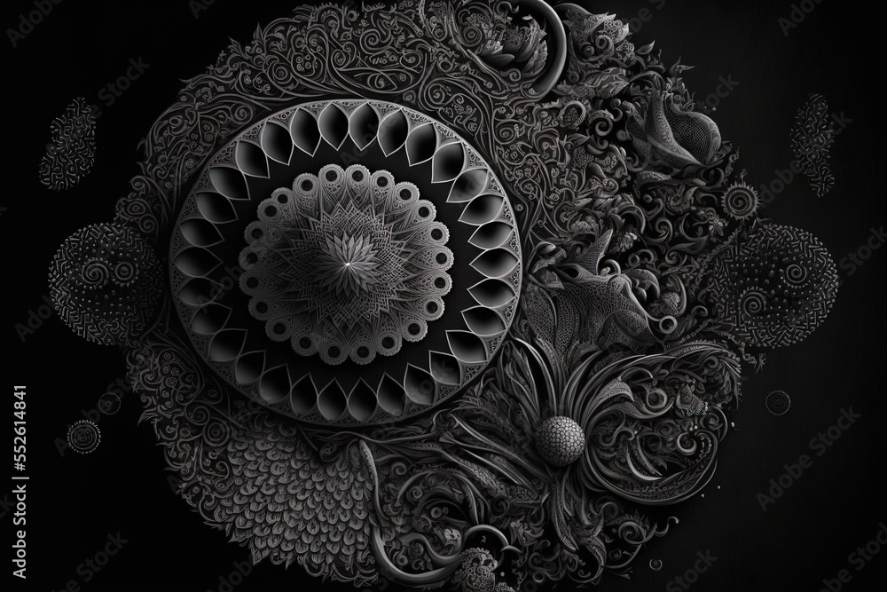 Poster a black and white photo of a circular object with a spiral design on it's side. generative ai