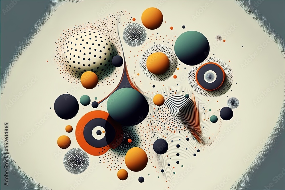 Poster a painting of different shapes and sizes on a white surface with a blue background and a white circl