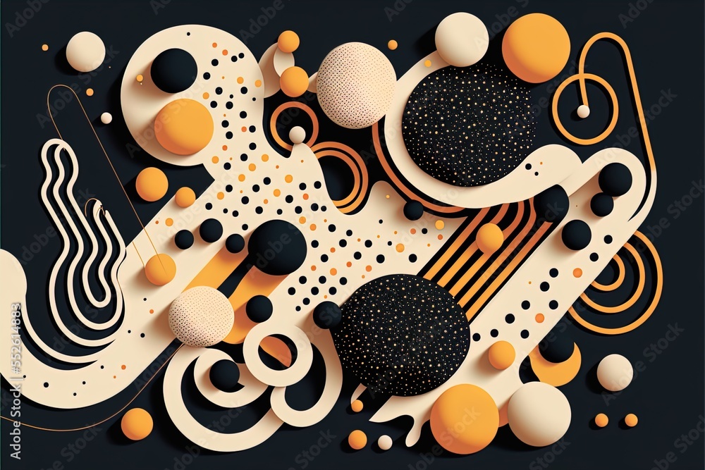 Poster a black and white abstract background with orange and black shapes and circles on it. generative ai