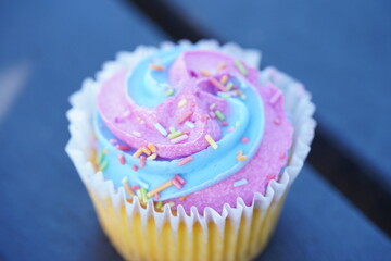 Cupcakes with blue and pink icing on a blue background.