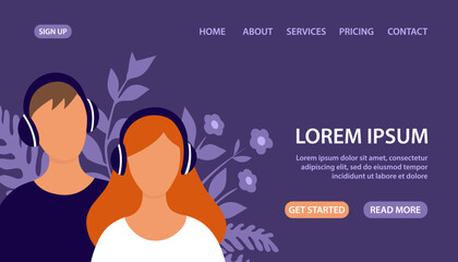 The boy and girl listens to music with headphones. Head no face style. Concept radio podcast. Design for poster, banner, website. Vector flat illustration