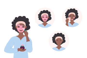 Infographic how to use a cosmetic face mask. African American black woman