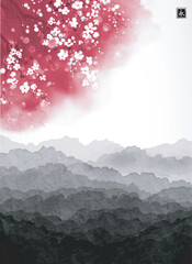 Landscape with blooming pink sakura tree and dark forest mountains. Traditional oriental ink painting sumi-e, u-sin, go-hua. Hieroglyph - eternity © elinacious