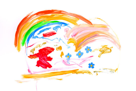 children's drawing in a naive style, multi-colored rainbow, flowers, bright spots on white wall, childish naive drawing, gouache, acrylic, happiness childhood, creative development