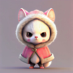 small and cute anthropomorphic white fox cub, wearing a cute hat, pink cloak.