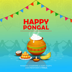 Happy Pongal decorative background with festival celebration elements fruits and sweets. Vector Illustration.