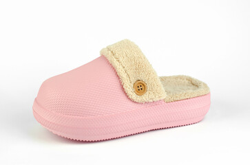 Warm room slippers with fur on a white background