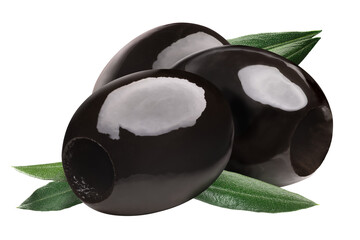 Three black pitted olives with leaves isolated png