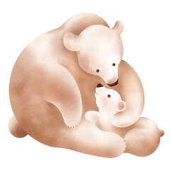 Вaby polar bear hug mom. Cute animal illustration in soft colors and hand drawn style isolated on white.