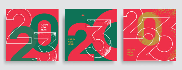 Creative Composition Happy New Year 2023 posters. Trendy holiday typography logo 2023 for season Christmas decoration.
