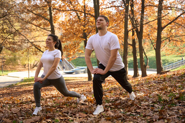 Sports couple is doing exercises in the park