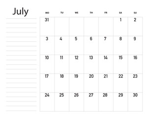 July 2023, calendar, to do list, planner.