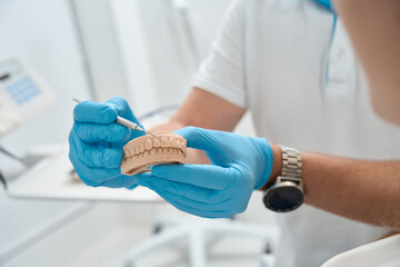 Stomatologist showing dental plaque on artificial anterior tooth to client