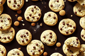 On a dark background, a seamless texture with a delicious American cookie