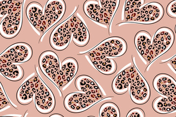 Heart signs seamless pattern and stylized leopard pattern inside the heart. Pink concept background Love, beauty, fashion. One continuous line drawing and spots of animal skin. © Liubov