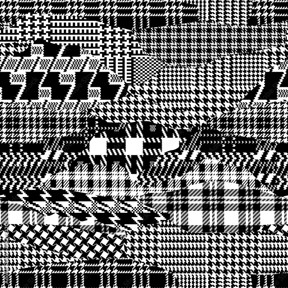 Wall mural Tartan houndstooth plaid jacquard fabric patchwork abstract vector seamless pattern in black and white