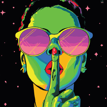 Vector comic illustration of a women wearing glasses colored in bright green, pink, yellow and blue.