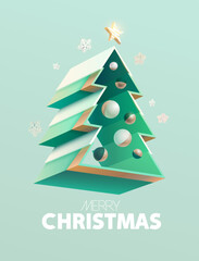 3D minimalistic Christmas tree with decoration. New year greeting card design.