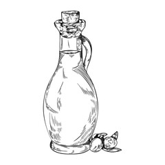 Olive Oil Bottle Sketch Hand drawn Illustration with Olives and leaves