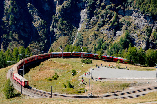 The Bernina Railway Mäanders driving to the Alp Grüm
