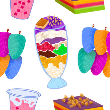 Filipino fiesta illustrated pattern with halo-halo, pink gulaman, sapin-sapin, and kiping leaf-shaped wafer layered