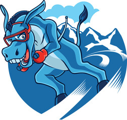 Obraz na płótnie Canvas Donkey Mascot Skiing Downhill from Snowy Mountains