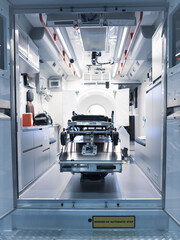 Emergency mobile stroke unit. Ambulance van furnishes services to diagnose stroke patients. - obrazy, fototapety, plakaty