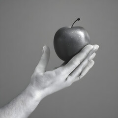 Human Hand Holding an Apple Black and White Generative AI