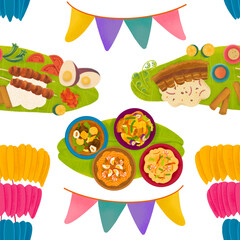 Filipino fiesta illustrated pattern with stews, pansit, meat boodle food fight spread, banderitas, and kiping leaf-shaped wafer centerpiece