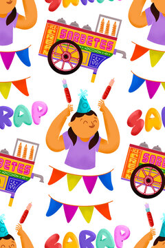 Filipino fiesta illustrated pattern with girl holding hotdog marshmallow sticks, sorbetes cart, banderitas, and lettering of the word "Sarap" (Deliciousness)