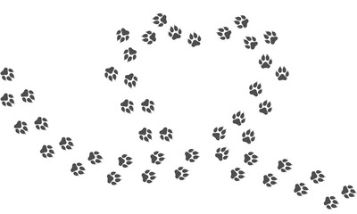 Fototapeta premium Paw vector trail print of dog isolated on white background. Heart silhouette. Dog or puppy silhouette animal tracks. Paw Print. Vector illustration. EPS10.