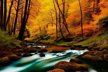 Beautiful 3D Nature and landscape wallpaper with a forest view and pine trees and a flowing lake