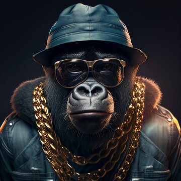 portrait of gorilla wearing hat and glasses with generative ai