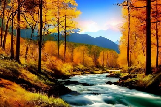 Autumn landscape in the mountains, beautiful sky and calm river