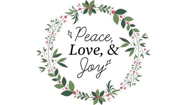 Peace, Love and Joy - Christmas Greeting card on white background in frame of Christmas holly branches