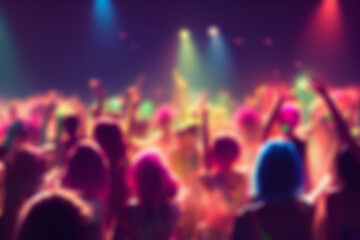 Blurred background revelry shindig. Night party with people are having fun in colorful spotlight at a nightclub