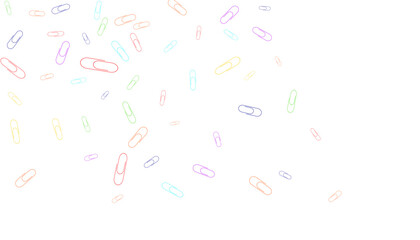Paper clips are scattered on a white background. Decorative element. Background for design, school and office supplies