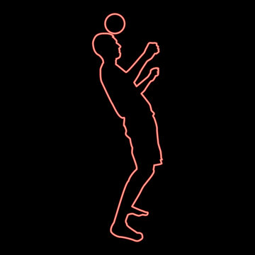 Neon man kicks the ball on head. Soccer player taps ball with his head Football concept Juggling trick with ball red color vector illustration image flat style